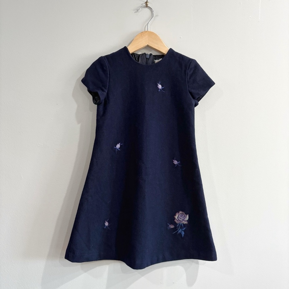 David Charles Girls Dress 6–7 Navy Wool Blend A-Line Embroidered Floral Preppy